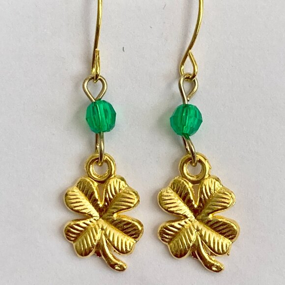 Shamrock Earrings Gold Plated Irish 4 Leaf Clover Luck Celtic St. Patricks Day - Picture 4 of 7